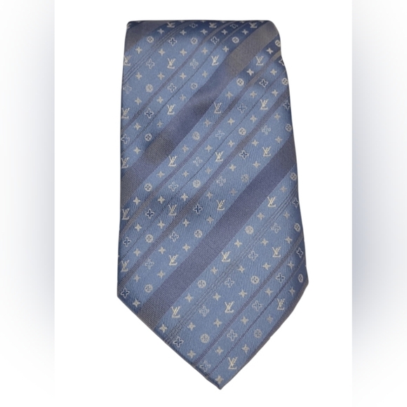 Louis Vuitton 100% Silk Neck Tie Blue Striped with LV Monogram - Picture 1 of 5